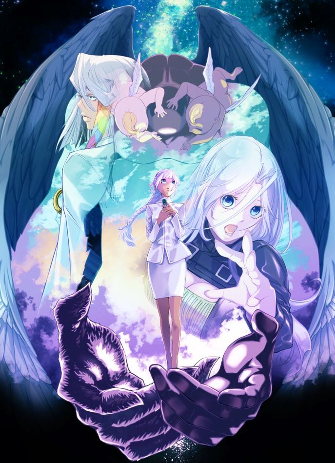 1boy 2girls bando_yukiji braid breasts city_dopant formal_clothes fuuto_tantei gaia_memory hair_rings kamen_rider kamen_rider_w large_breasts long_hair long_sleeves looking_at_viewer multicolored_hair multiple_girls official_art purple_eyes purple_hair sato_masaki_(masayakofu) shirt skirt suit tokime_(fuuto_tantei) towa_(fuuto_tantei)