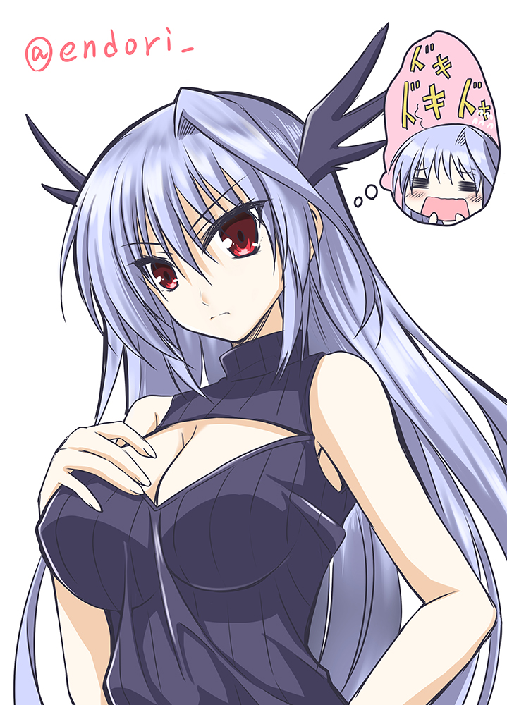 2girls black_sweater blue_hair breasts chibi chibi_inset cleavage cleavage_cutout closed_eyes clothing_cutout commentary_request dress endori hands_on_own_breasts head_wings large_breasts long_hair lyrical_nanoha mahou_shoujo_lyrical_nanoha mahou_shoujo_lyrical_nanoha_a&#039;s meme_attire multiple_girls open-chest_sweater red_eyes reinforce reinforce_zwei ribbed_sweater silver_hair sleeveless sleeveless_dress solo speech_bubble sweater sweater_dress thought_bubble translation_request twitter_username very_long_hair wings