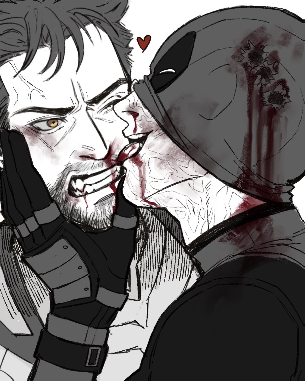 2boys beard bleeding blood blood_on_clothes blood_on_face bodysuit clenched_teeth commentary deadpool deadpool_&amp;_wolverine deadpool_(series) english_commentary facial_hair fillinthe_gap gloves hand_on_another&#039;s_face heart highres injury licking licking_another&#039;s_face male_focus marvel marvel_cinematic_universe monochrome multiple_boys nosebleed one_eye_closed scar scars_all_over short_hair superhero_costume teeth tongue tongue_out too_many torn_mask wolverine_(x-men) x-men yaoi