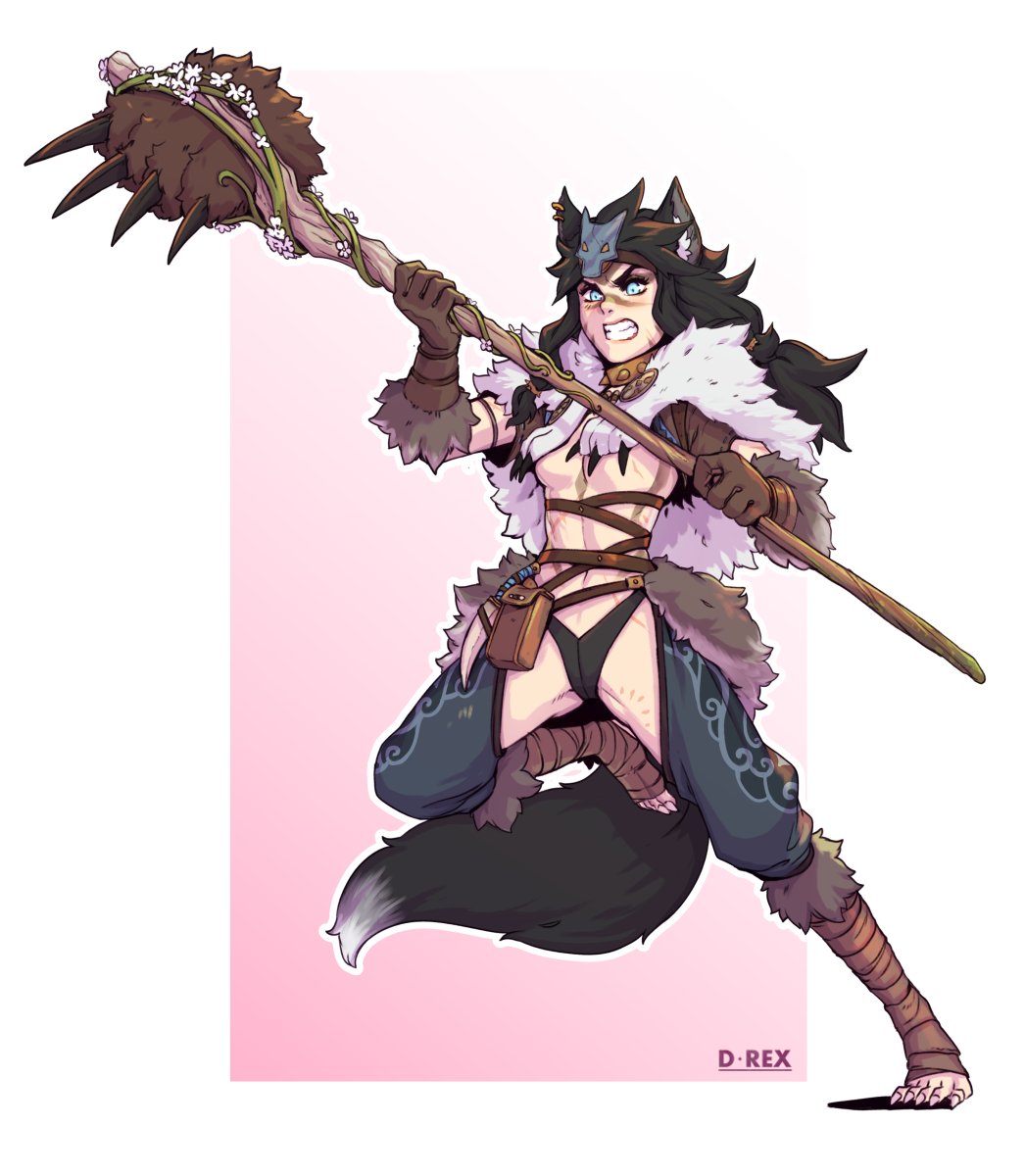 1girl angry animal_ear_fluff animal_ear_piercing axe bandaged_foot bandaged_leg bandages bear_claws black_fur black_hair black_panties blue_eyes breasts brown_gloves brown_headband choker claws clenched_teeth commentary commission crotchless crotchless_pants d-rex english_commentary facepaint feet fighting_stance flower fur_trim gloves gluteal_fold gold_choker gradient_background headband heel-less_legwear highres holding holding_axe knife leather_wrist_straps long_eyelashes long_toenails original outline pale_skin panties pants pink_background plant revealing_clothes sharp_toenails skinny small_breasts spiked_choker spikes standing standing_on_one_leg tail teeth tiptoes toeless_legwear toenails toned toned_female two-tone_fur unconventional_weapon underboob underwear viking vines white_background white_flower white_fur white_outline wind_print wolf_girl wolf_tail