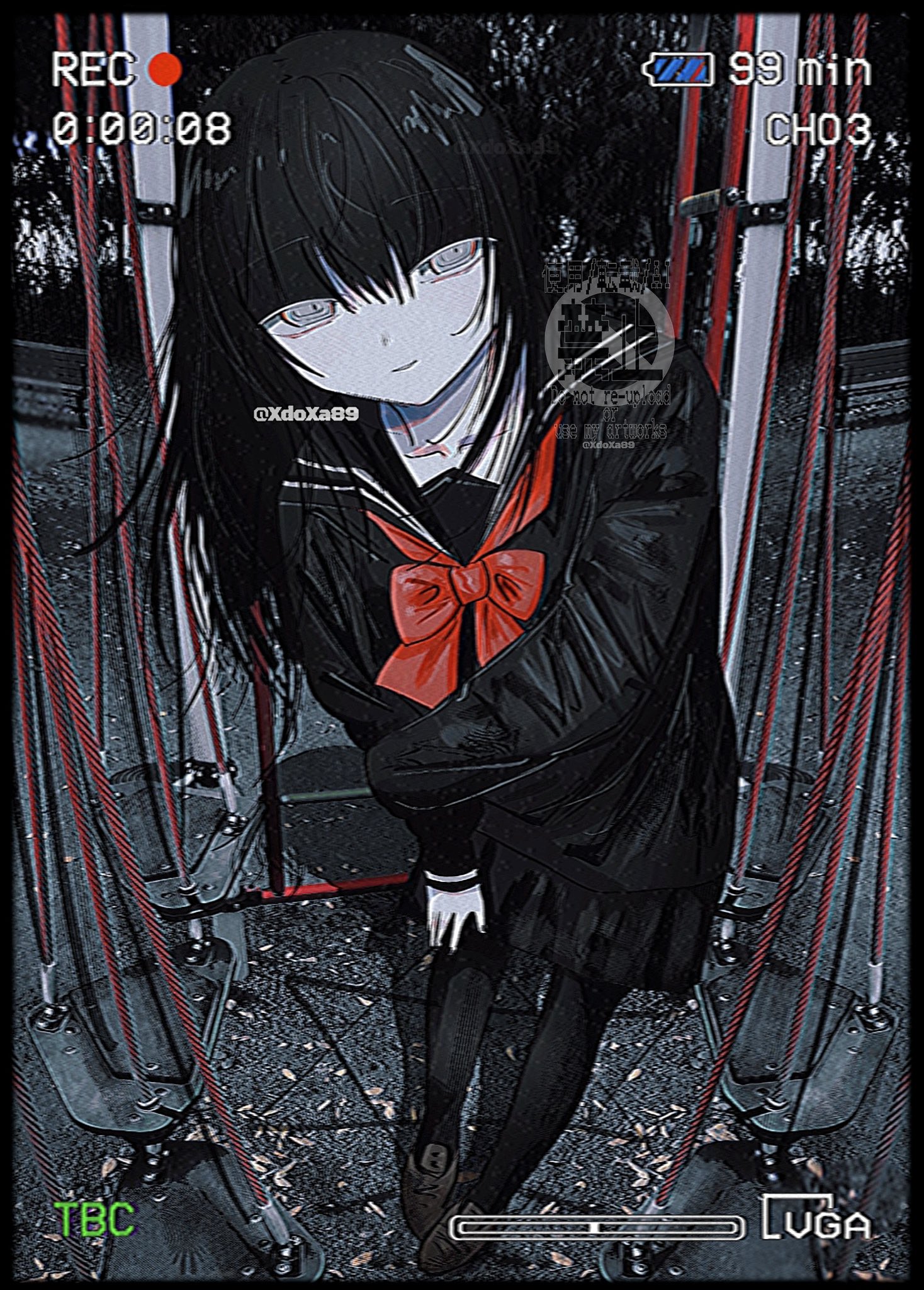 1girl black_hair black_nails black_pantyhose black_sailor_collar black_shirt black_skirt blunt_bangs bow bowtie collarbone copyright_request fisheye grey_eyes hand_on_own_leg hexagram highres leaning_forward long_hair long_sleeves nail_polish original pantyhose parted_lips photo_background playground pleated_skirt recording red_bow red_bowtie sailor_collar school_uniform shirt skirt smile solo star_of_david twitter_username watermark xdoxa89