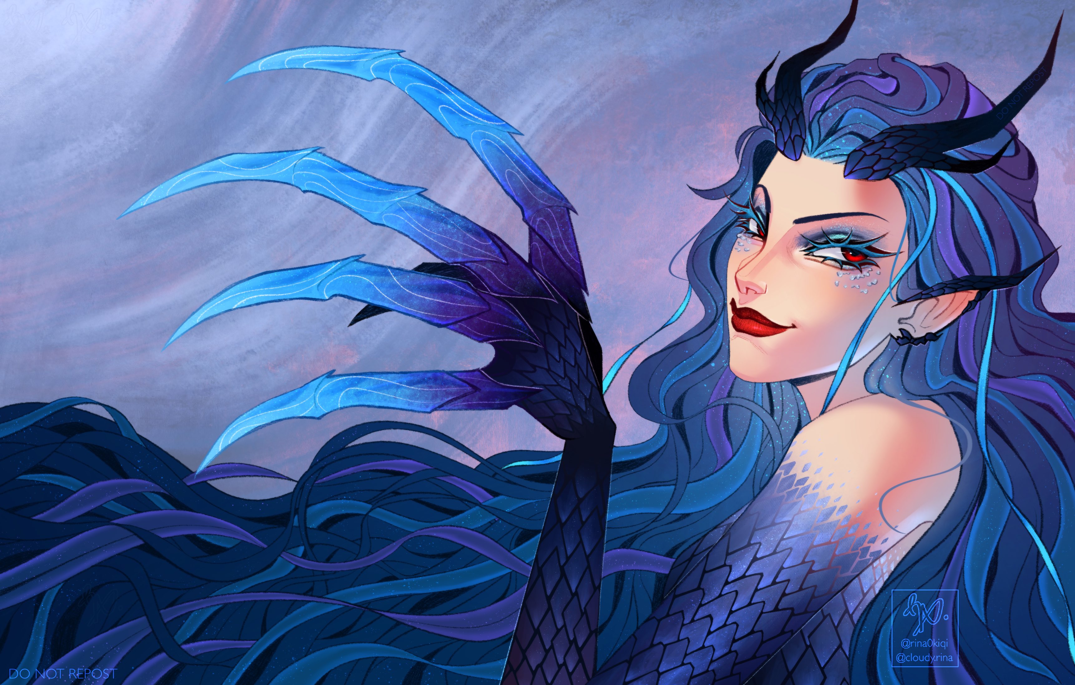 1girl absurdres ao_run_(nezha_zhi_motong_jiangshi) blue_hair blue_scales dragon_girl dragon_horns highres horns long_hair nezha_zhi_motong_jiangshi pointy_ears red_eyes rina0kiqi solo very_long_hair