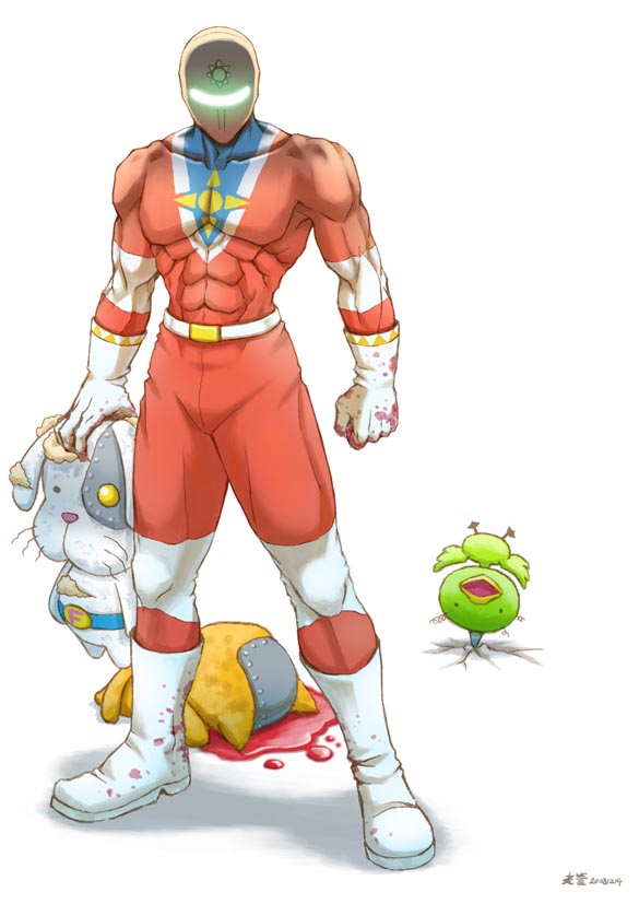 00s 1boy blood bodysuit devil_neko full_body kongcool male_focus mask muscular p-chan_kai solo sunred tentai_senshi_sunred usakotsu white_background