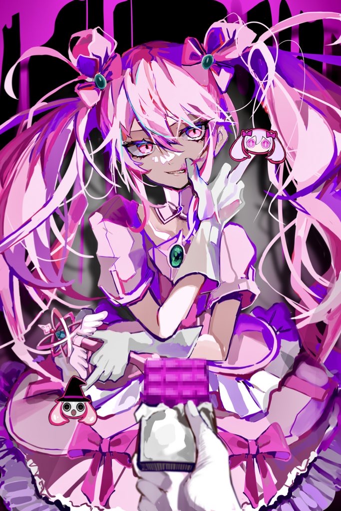 1girl aimaina black_background blood blood_on_face bow bow_skirt candy chocolate chocolate_bar commentary_request detached_collar double-parted_bangs double_middle_finger doushite-chan drop_shadow elbow_gloves fingernails food frilled_shirt frilled_skirt frills gloves green_brooch grin hair_between_eyes hair_bow hatsune_miku holding holding_chocolate holding_food holding_wand long_hair looking_at_viewer magical_girl mahou_shoujo_to_chokorewito_(vocaloid) mamiya_miya middle_finger pink_blood pink_bow pink_eyes pink_hair pink_shirt pink_skirt pov pov_hands shirt short_sleeves simple_background skirt smile solo_focus twintails upper_body vocaloid wand white_gloves