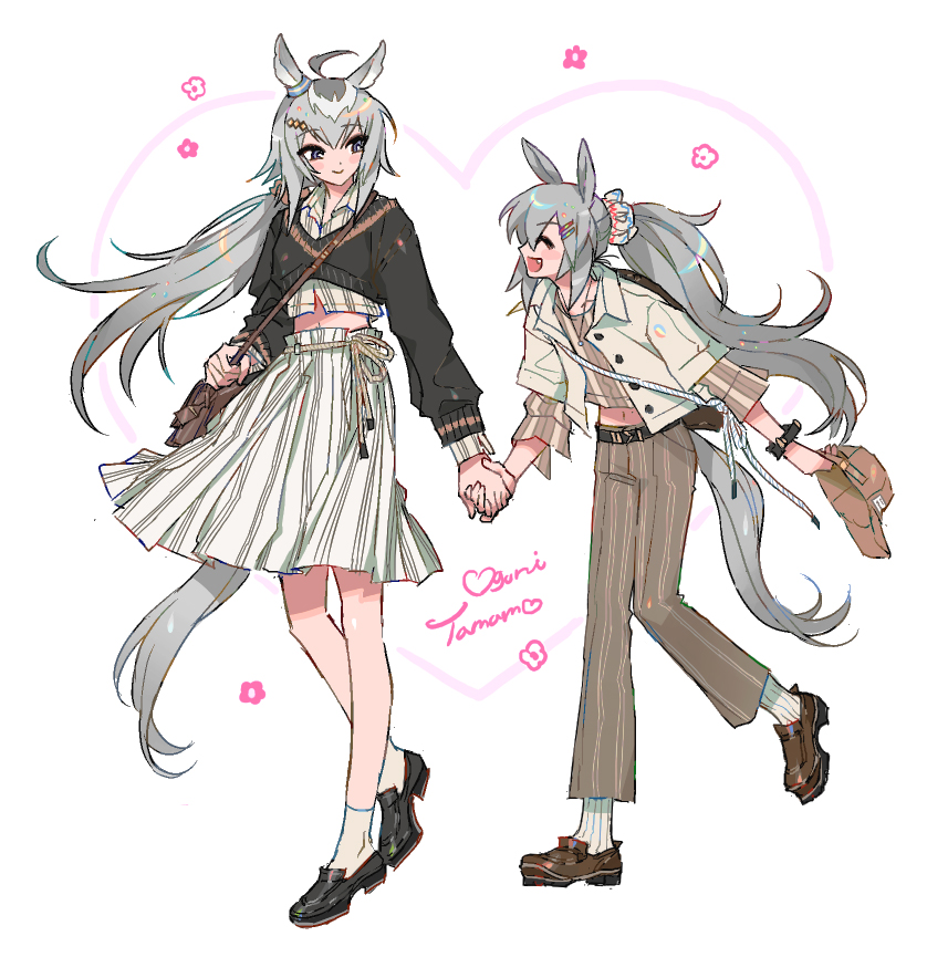 2girls :d ^_^ animal_ears bad_id bad_twitter_id bag baseball_cap belt black_sweater blue_eyes brown_pants character_name closed_eyes couple cropped_sweater didi_(whaqlrpwjd) flower full_body grey_hair grey_tail hair_ornament hair_scrunchie hairclip happy hat heart holding holding_hands holding_strap holding_unworn_clothes holding_unworn_hat horse_ears horse_girl horse_tail jewelry loafers long_hair looking_at_another matching_hairstyle midriff_peek multiple_girls necklace oguri_cap_(umamusume) open_clothes open_mouth open_shirt pants ponytail rope_belt scrunchie shirt shoes shoulder_bag skirt smile socks standing standing_on_one_leg sweater tail tamamo_cross_(umamusume) umamusume unworn_hat unworn_headwear very_long_hair walking white_shirt white_skirt white_socks yuri