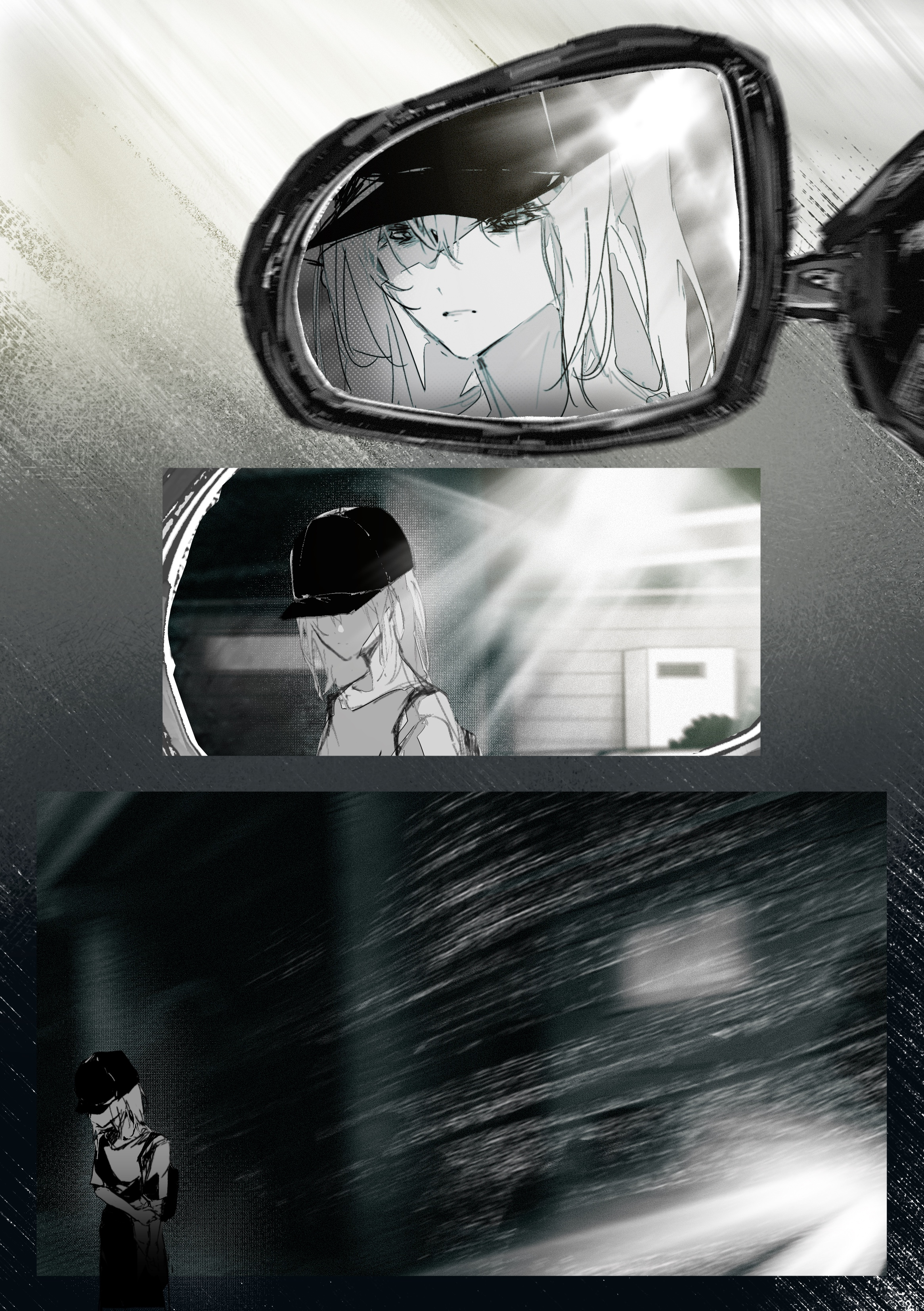 1girl absurdres bang_dream! bang_dream!_it&#039;s_mygo!!!!! baseball_cap chinese_commentary commentary_request hat highres holding_own_arm medium_hair misumi_uika rear-view_mirror shirt short_sleeves yi_chuan_xian_hua