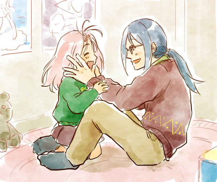 1boy 1girl blue_eyes blue_hair closed_eyes father_and_daughter glasses long_hair macross macross_7 maximilian_jenius mylene_jenius open_mouth pink_hair ponytail sidelocks stuffed_animal stuffed_toy sweater teddy_bear aged_down yumekijiiro