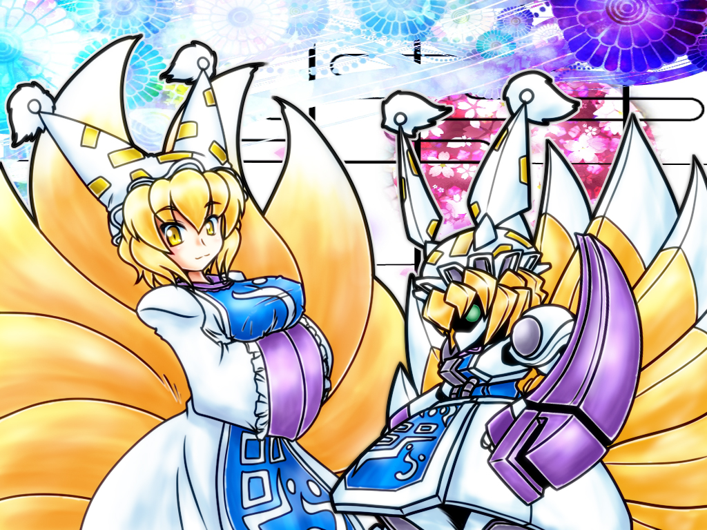 1girl animal_ears bad_id bad_pixiv_id baund_doc blonde_hair breasts chibi female_focus fox_ears fox_tail gundam hands_in_opposite_sleeves hat large_breasts mayohi_neko mechanization multiple_tails sd_gundam tail touhou yakumo_ran yellow_eyes zeta_gundam