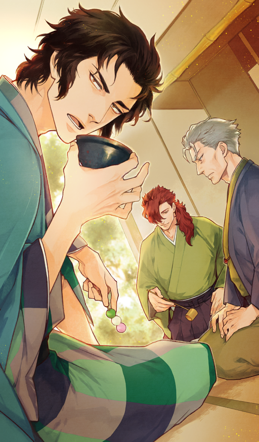 3boys aqua_haori architecture black_hakama brown_hair chawan checkered_clothes checkered_kimono closed_mouth commentary cup dango day dutch_angle east_asian_architecture fate/grand_order fate_(series) food green_kimono grey_hair grey_haori hair_over_one_eye hair_over_shoulder hakama haori hijikata_toshizou_(fate) hishaku holding holding_cup holding_food indoors japanese_clothes kimono li_shuwen_(fate) li_shuwen_(old)_(fate) light_particles light_smile long_hair looking_at_viewer looking_down low_ponytail lower_teeth_only male_focus mori_nagayoshi_(fate) multiple_boys official_alternate_costume official_art old old_man open_mouth orange_eyes ponytail red_hair sanshoku_dango seiza serious short_hair sitting sunlight suzuki_tsuta tatami teeth third-party_source wagashi