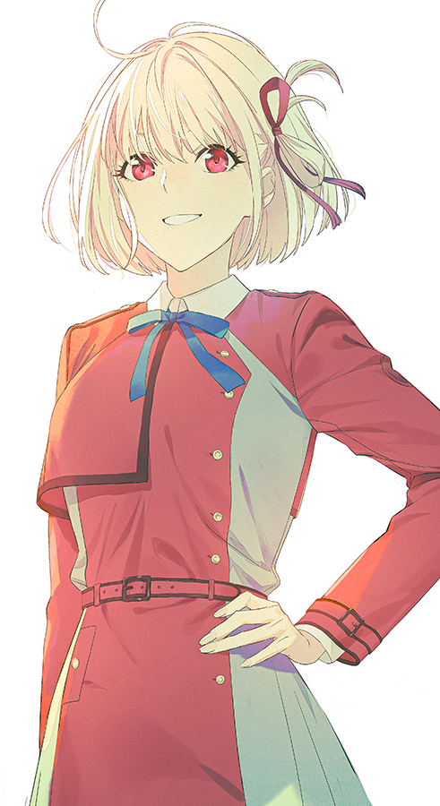 1girl azmodan blonde_hair blue_ribbon collared_dress dress hair_ribbon hand_on_own_hip long_sleeves looking_at_viewer lycoris_recoil medium_hair nishikigi_chisato red_eyes red_ribbon ribbon simple_background smile solo teeth white_background