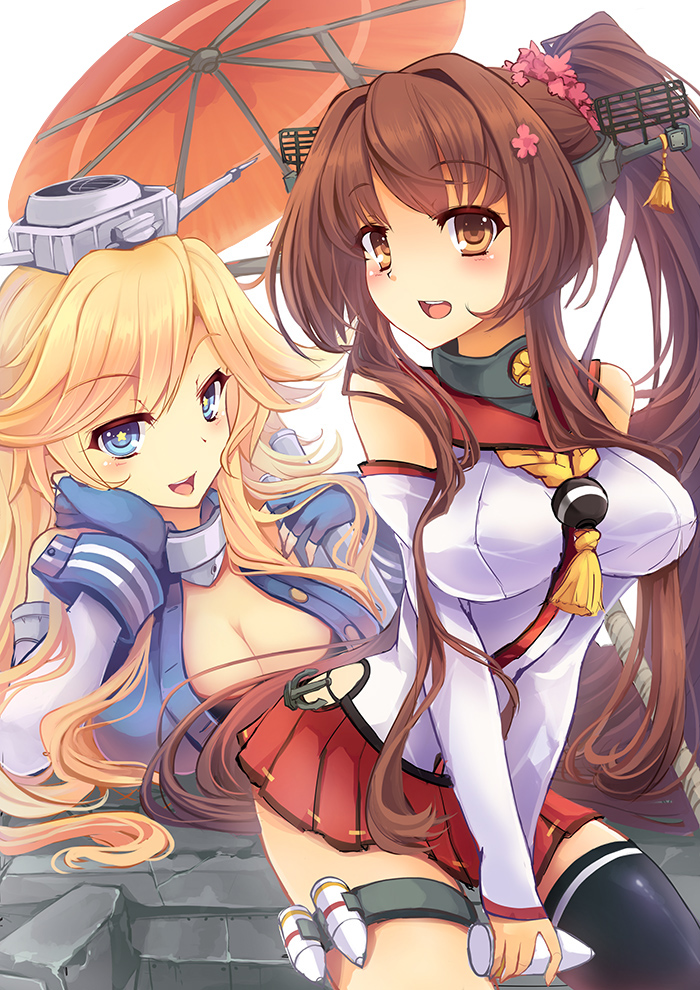 10s 2girls :d asymmetrical_legwear black_legwear blonde_hair blue_eyes breasts brown_eyes brown_hair cleavage elbow_gloves flower front-tie_top gloves goushou hair_flower hair_ornament iowa_(kancolle) kantai_collection large_breasts long_hair multiple_girls open_mouth pink_flower pleated_skirt ponytail red_skirt skirt smile star-shaped_pupils star_(symbol) symbol-shaped_pupils teeth thighhighs uneven_legwear very_long_hair yamato_(kancolle)