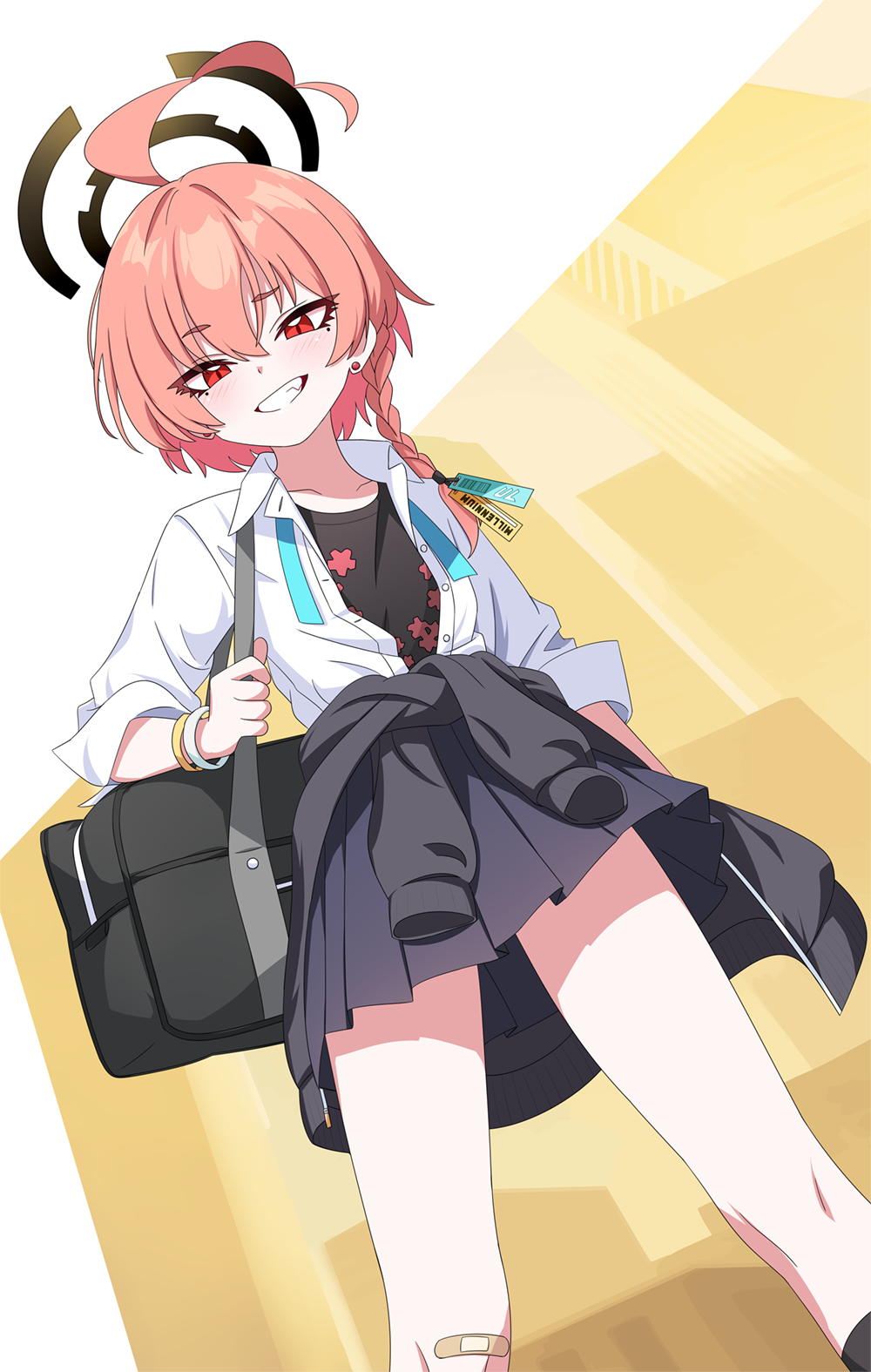 1girl ahoge bag bandaid bandaid_on_knee bandaid_on_leg black_cardigan black_skirt black_undershirt blue_archive braid cardigan cardigan_around_waist clothes_around_waist dutch_angle earrings fang feet_out_of_frame grin highres jewelry looking_at_viewer mole mole_under_each_eye mole_under_eye multiple_moles neck_ribbon neru_(blue_archive) neru_(school_uniform)_(blue_archive) open_clothes open_shirt orange_hair pleated_skirt red_eyes ribbon school_bag school_uniform shirt short_hair single_braid skirt smile solo stud_earrings undone_neck_ribbon welchsbinn white_shirt