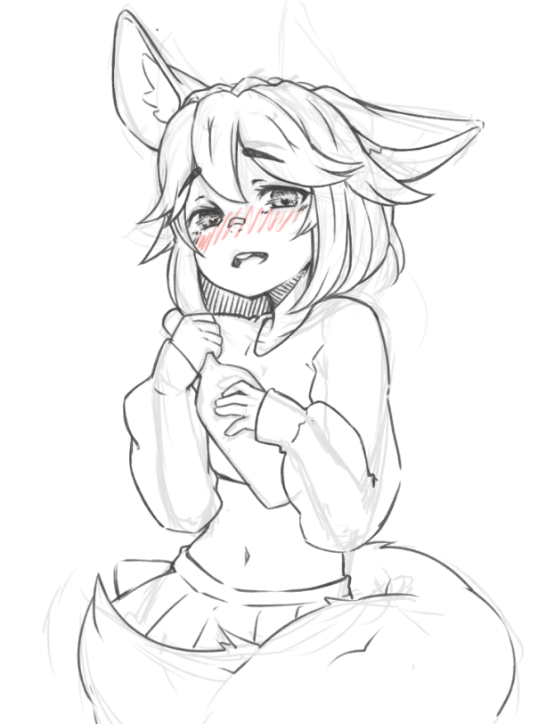1girl animal_ears bandaid bandaid_on_face bandaid_on_nose blush bottle holding holding_bottle indie_virtual_youtuber koroyn looking_at_viewer monochrome navel open_mouth simple_background single_ear_down sketch skirt solo tail teeth upper_teeth_only virtual_youtuber white_background