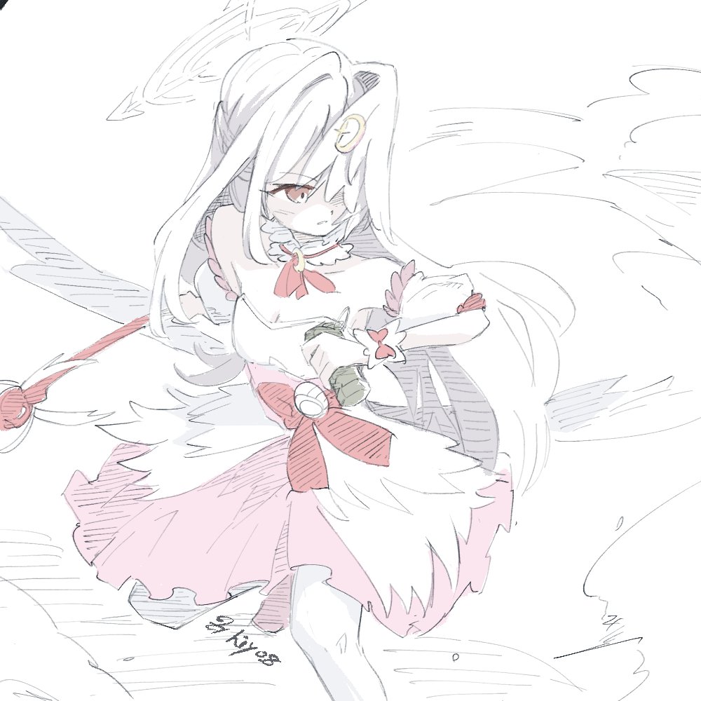1girl bare_shoulders blue_archive bow bowtie breasts cleavage commentary_request covering_own_eyes detached_collar detached_sleeves dress fake_wings fighting_stance flashbang from_above halo head_wings hiyo_8 holding holding_wand long_hair magical_girl official_alternate_costume pink_bow pink_bowtie pink_dress red_eyes shaded_face signature single_hair_intake single_head_wing sketch small_breasts smoke solo suzumi_(blue_archive) suzumi_(magical)_(blue_archive) very_long_hair wand white_hair wings wrist_cuffs