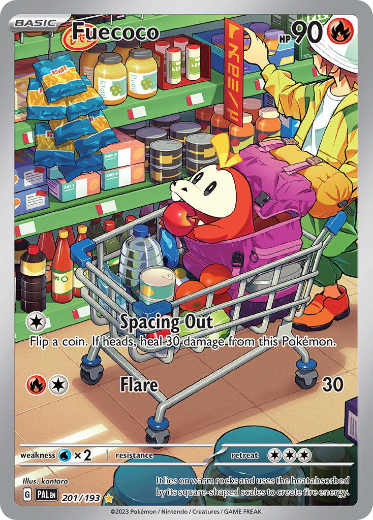 akikan_(kantaro) apple artist_name bag bottle brown_hair card_(medium) character_name company_name copyright_name copyright_notice english_text food fruit fuecoco green_pants grocery_store hat holding holding_food holding_fruit in_bag in_container in_shopping_cart jacket jar long_sleeves nintendo official_art open_clothes open_jacket open_mouth orange_shoes pants pokemon pokemon_(creature) pokemon_card pokemon_focus pokemon_tcg purple_bag shelf shirt shoes shopping shopping_cart short_hair smile third-party_source tomato trading_card water_bottle white_hat white_shirt yellow_jacket