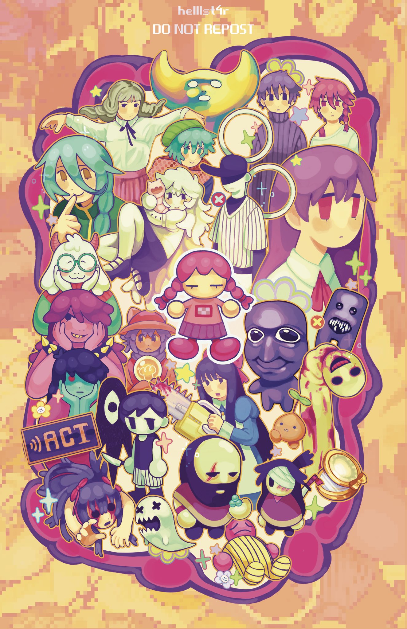 1other 6+boys 6+girls :3 add-on_(off) animal_ears ao_oni artist_name ashe_bradley aya_drevis bandaged_head bandages beanie beard black_eyes black_footwear black_hair black_hat black_skirt blockman_oni_(ao_oni) blonde_hair blood blood_on_face bloody_weapon blue_eyes blue_hair blue_skin blush_stickers bow bracelet brad_armstrong braid brown_hair buddy_(lisa) chainsaw charlotte_wiltshire closed_eyes closed_mouth collared_shirt colored_skin colored_teeth commentary crooked_man_(the_crooked_man) crossover deltarune ellen_(majo_no_ie) english_commentary expressionless eye_socket facial_hair fear_&_hunger fear_&_hunger_(series) fear_&_hunger_2:_termina flower flowey_(undertale) ghost glasses goat_boy goat_ears green-framed_eyewear green_hat green_shirt hair_bow hat helllst4r hello_charlotte highres hiyori_sou holding holding_chainsaw holding_knife holding_weapon horns hylics ib_(ib) ib_(kouri) jersey jewelry katana kimi_ga_shine knife kris_(dark_world)_(deltarune) kris_(deltarune) light_bulb lisa_(series) lisa_the_joyful lisa_the_painful long_hair mad_father madotsuki maeno_aki magcat majo_no_ie marina_(fear_&_hunger) multiple_boys multiple_girls multiple_hair_bows niko_(oneshot) off_(game) omori omori_(omori) oneshot_(game) open_mouth orange_background pajamas phillip_(space_funeral) pink_shirt pink_shoes pink_skin pink_skirt pixelated pocket_mirror poncho purple_hair purple_scarf purple_skirt ralsei red_bow red_eyes red_scarf scar scarf shirt shoes short_hair shorts skirt smile something_(omori) space_funeral sparkle spectre_(off) spiked_bracelet spikes sprout_mole star_(symbol) striped_clothes striped_pajamas susie_(dark_world)_(deltarune) susie_(deltarune) sword the_batter_(off) the_crooked_man the_oni_(ao_oni) tsugino_haru twin_braids undertale vertical-striped_clothes vertical-striped_pajamas wayne_(hylics) weapon white_flower white_hair white_shirt witch's_heart yellow_background yellow_eyes yellow_flower yellow_pajamas yellow_teeth yume_nikki zeno_(game)
