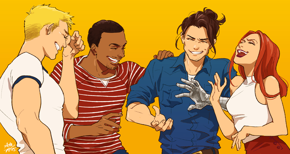 1girl 3boys black_hair blonde_hair brown_hair captain_america captain_america:_the_winter_soldier captain_america_(series) captain_america_the_winter_soldier cyborg dark_skin bucky_barnes laughing marvel marvel_cinematic_universe mechanical_arms multiple_boys natasha_romanoff red_hair sam_wilson single_mechanical_arm steve_rogers temari114 the_falcon