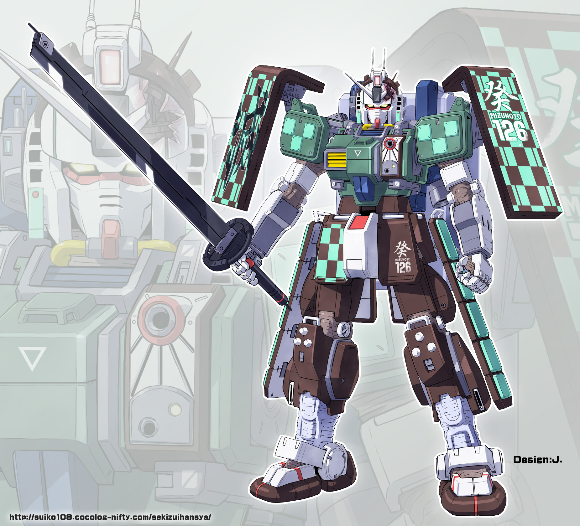 crossover ground_gundam gundam gundam_thunderbolt highres holding holding_sword holding_weapon kamado_tanjirou kimetsu_no_yaiba mecha no_humans robot solo sword watermark weapon web_address yanagi_joe zoom_layer