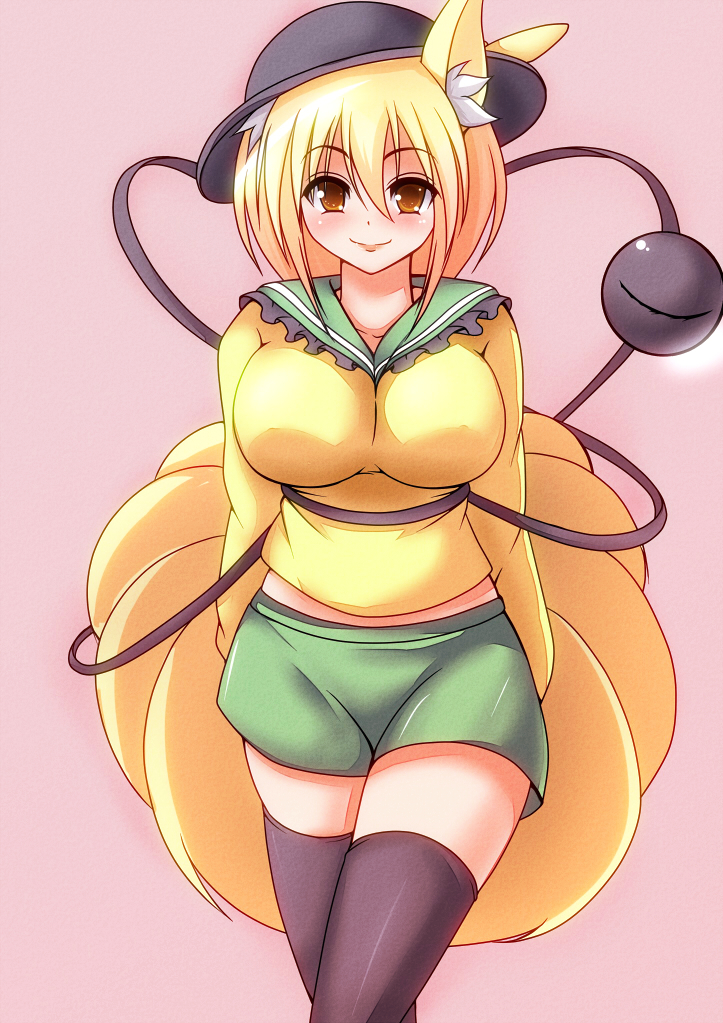 1girl animal_ears arms_behind_back black_thighhighs blonde_hair blouse breasts cosplay female_focus fox_ears fox_tail hat hat_ribbon impossible_clothes impossible_shirt komeiji_koishi komeiji_koishi_(cosplay) large_breasts looking_at_viewer merry_(diameri) midriff midriff_peek multiple_tails pink_background ribbon shirt short_hair simple_background skirt smile solo tail thighhighs third_eye touhou yakumo_ran yellow_eyes zettai_ryouiki