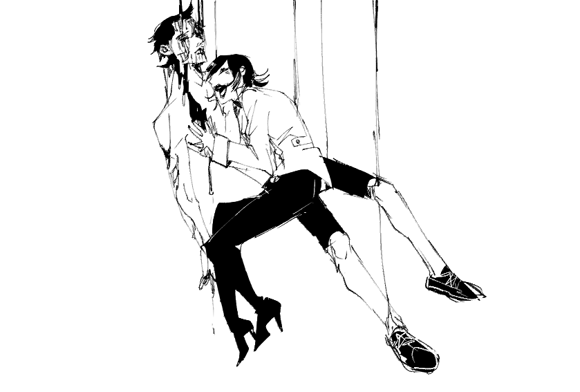 1boy 1girl body_markings coat demi-fiend full_body greyscale hand_on_another&#039;s_chest high_heels horns jacket monochrome nejikoujyouo open_mouth pants shin_megami_tensei shin_megami_tensei_iii:_nocturne shoes short_hair shorts single_horn sketch sneakers takao_yuko tattoo teacher_and_student topless_male white_background