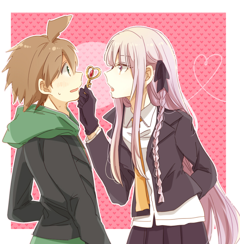 1boy 1girl ahoge black_gloves black_jacket black_ribbon braid brown_hair collared_shirt danganronpa:_trigger_happy_havoc danganronpa_(series) gloves green_eyes green_hoodie hair_ribbon holding holding_key hood hoodie jacket key kirigiri_kyoko long_hair looking_at_another naegi_makoto necktie orange_necktie purple_eyes purple_hair ribbon shirt short_hair single_braid upper_body white_shirt zawameki