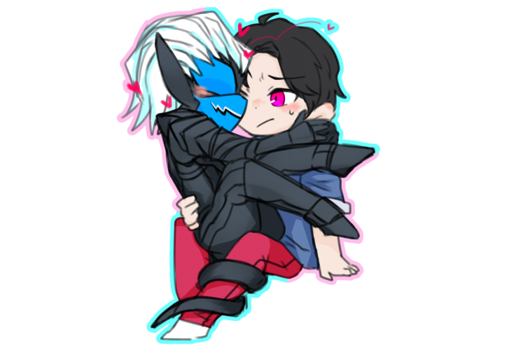 2boys black_hair blue_eyes blue_shirt blush demon demon_tail face_mask igarashi_ikki kamen_rider kamen_rider_revice mask multiple_boys on_lap pants pink_eyes red_pants shirt short_hair socks t-shirt tail tail_around_another&#039;s_leg tail_wrap transparent_background vice_(kamen_rider_revice) white_hair white_socks