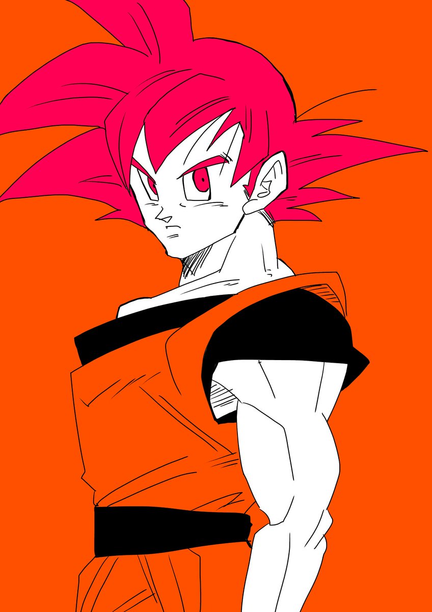 10s 1boy dougi dragon_ball dragon_ball_super dragon_ball_z_kami_to_kami dragonball_z expressionless frown highres looking_at_viewer male_focus orange_background red_eyes red_hair serious simple_background son_goku spiked_hair super_saiyan super_saiyan_god