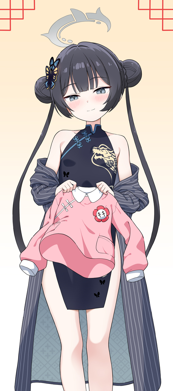 1girl black_dress black_hair blue_archive breasts butterfly_hair_ornament china_dress chinese_clothes closed_mouth dragon_print dress grey_halo hair_ornament halo highres holding_cloth kindergarten_uniform kisaki_(blue_archive) looking_at_viewer sleeveless sleeveless_dress small_breasts smile solo standing thighs twintails yuuma_(skirthike)