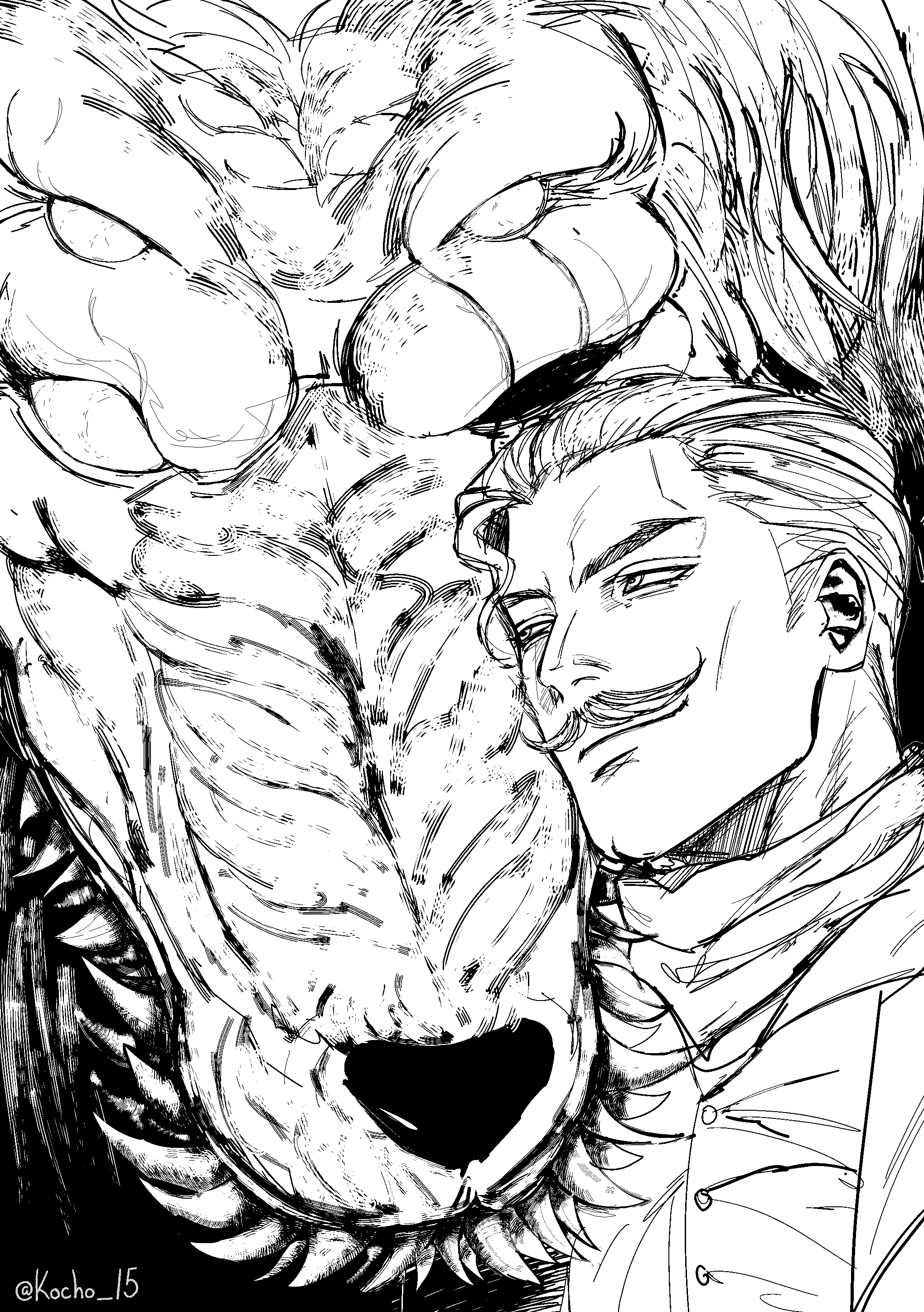 1boy absurdres animal august_(fear_&amp;_hunger) buttons commentary extra_eyes extra_teeth facial_hair fear_&amp;_hunger fear_&amp;_hunger_2:_termina greyscale highres kocho_15 leaning_on_animal looking_at_another missing_eye monochrome moonless_(fear_&amp;_hunger) mustache oversized_animal scarf short_hair spoilers twitter_username wolf