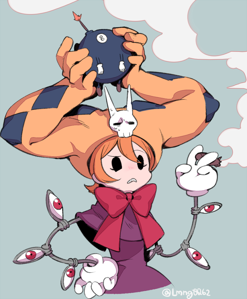 1girl alternate_headwear artificial_limb bomb bow capelet cigar dress explosive extra_eyes eye_socket female_focus gloves hand_on_own_hip lenny_the_bomb living_clothes mechanical_arms ng_(kimjae737) orange_hair peacock_(skullgirls) red_eyes sharp_teeth short_hair simple_background skullgirls smoking solo teeth vice-versa_(skullgirls) white_gloves
