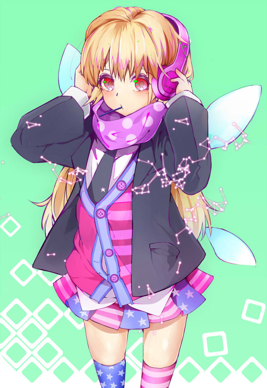 1girl alternate_legwear american_flag american_flag_dress american_flag_legwear american_flag_print american_flag_skirt black_jacket black_necktie blonde_hair blush clownpiece constellation cowboy_shot fairy_wings female_focus flag_print green_background headphones highres jacket long_hair long_sleeves looking_at_viewer mouth_hold multicolored_hair necktie no_headwear pleated_skirt polka_dot polka_dot_scarf print_skirt purple_scarf radiosity_(yousei) red_eyes scarf shirt skirt solo square streaked_hair striped_clothes striped_thighhighs thighhighs thighs touhou untucked_shirt very_long_hair vest white_shirt wings
