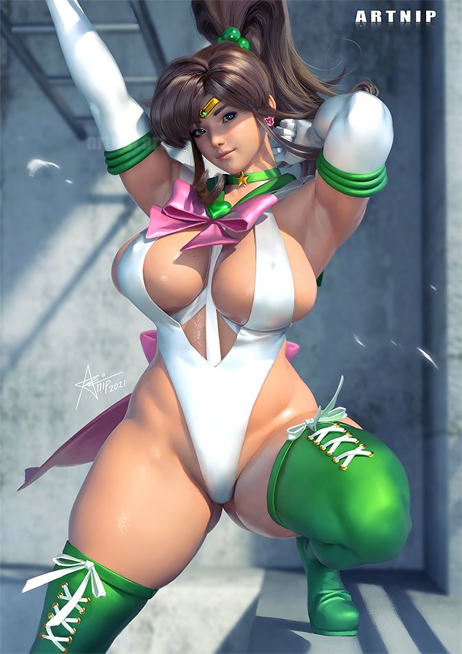 1girl 3d adapted_costume arm_up armpits artist_name artnip bishoujo_senshi_sailor_moon boots bow bowtie breasts brooch brown_hair choker covered_erect_nipples curvy earrings elbow_gloves flower_earrings gloves gluteal_fold green_boots green_choker green_eyes green_sailor_collar hair_bobbles hair_ornament hand_up highleg highleg_leotard jewelry kino_makoto lace-up_boots large_breasts leotard lips long_hair magical_girl nose pink_bow pink_bowtie ponytail realistic sailor_collar sailor_jupiter sailor_senshi_uniform shiny_skin signature smile solo star_(symbol) star_choker thick_thighs thighs white_gloves
