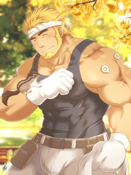1boy affectionate bara beard belt black_tank_top blonde_hair bulge character_request closed_eyes cowboy_shot cyborg facial_hair full_beard gloves headband large_pectorals live_a_hero male_focus mature_male mechanic muscular muscular_male pectoral_cleavage pectorals short_hair solo standing sunfight0201 tank_top thick_beard white_headband
