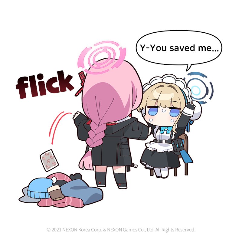 2girls apron arms_up beanie belt belt_pouch black_dress black_shoes blonde_hair blue_archive blue_eyes blue_halo braid bun_cover chair chibi commentary donmin_h dress eimi_(blue_archive) english_commentary english_text fingerless_gloves frilled_apron frills gloves hair_intakes hair_ornament halo hat jitome long_hair long_sleeves maid_apron maid_headdress motion_lines multiple_girls no_mouth no_nose official_art on_chair pink_hair pink_halo pouch scarf shoes sitting socks speech_bubble standing sweat toki_(blue_archive) unworn_scarf very_long_hair white_apron