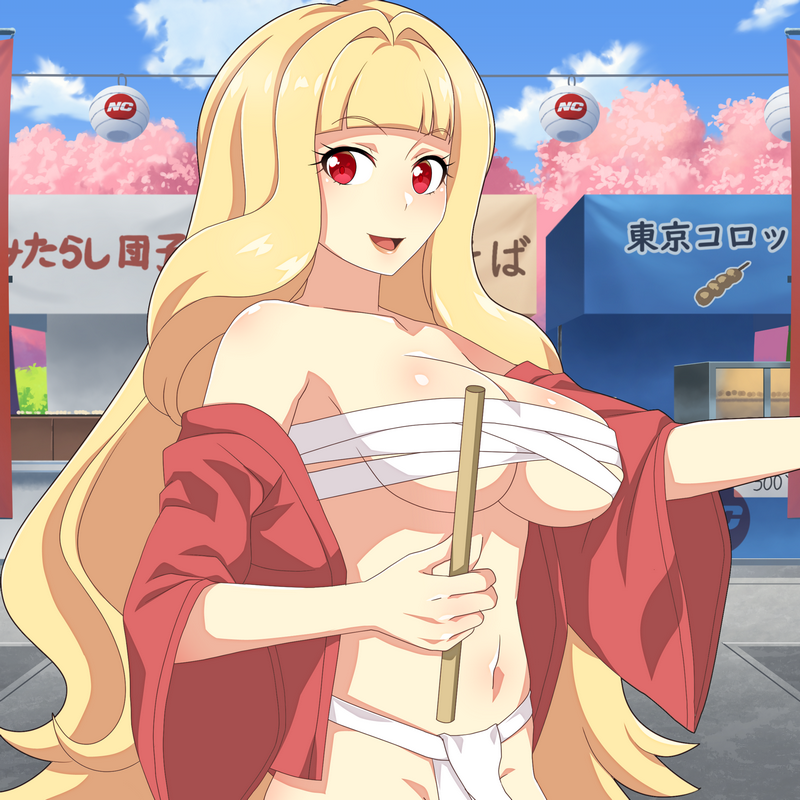 1girl bandages blonde_hair blue_sky breasts challengia cloud cloudy_sky collarbone day drumsticks fundoshi japanese_clothes kimono kurchan large_breasts long_hair looking_at_viewer navel nchans nchans_style official_art open_mouth orcaleon red_eyes red_kimono sky