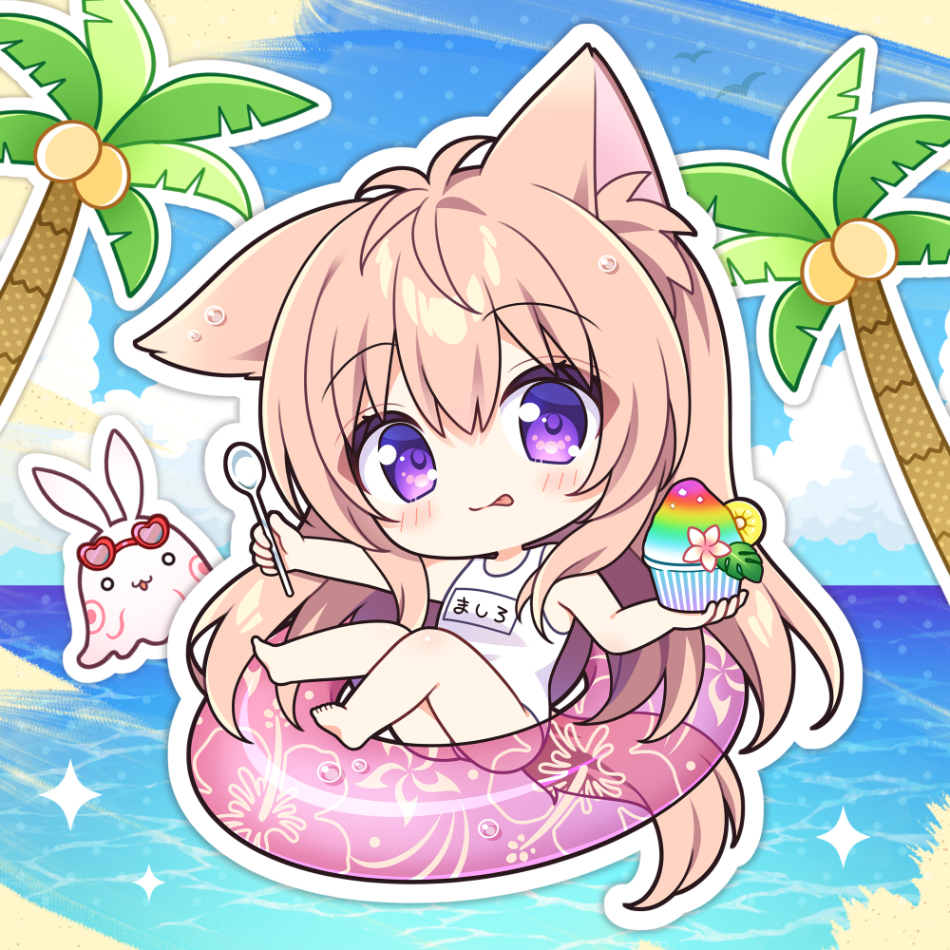 1girl :p animal_ear_fluff animal_ears bare_arms bare_legs bare_shoulders barefoot blue_sky blush brown_hair chibi closed_mouth cloud commentary_request cup day disposable_cup food fox_ears fox_girl fox_tail hair_between_eyes holding holding_cup holding_spoon horizon innertube long_hair looking_at_viewer mito_mashiro ocean one-piece_swimsuit outline palm_tree plastic_spoon purple_eyes ryuuka_sane shaved_ice sky smile soles solo spoon swim_ring swimsuit tail tayutama tongue tongue_out transparent tree very_long_hair water white_one-piece_swimsuit white_outline