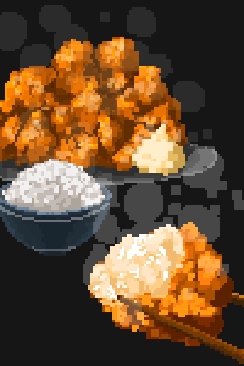 bite_mark black_background bowl chicken_(food) chopsticks food fried_chicken grated_daikon highres hisachan55cute no_humans original pixel_art rice_bowl simple_background steaming_food still_life