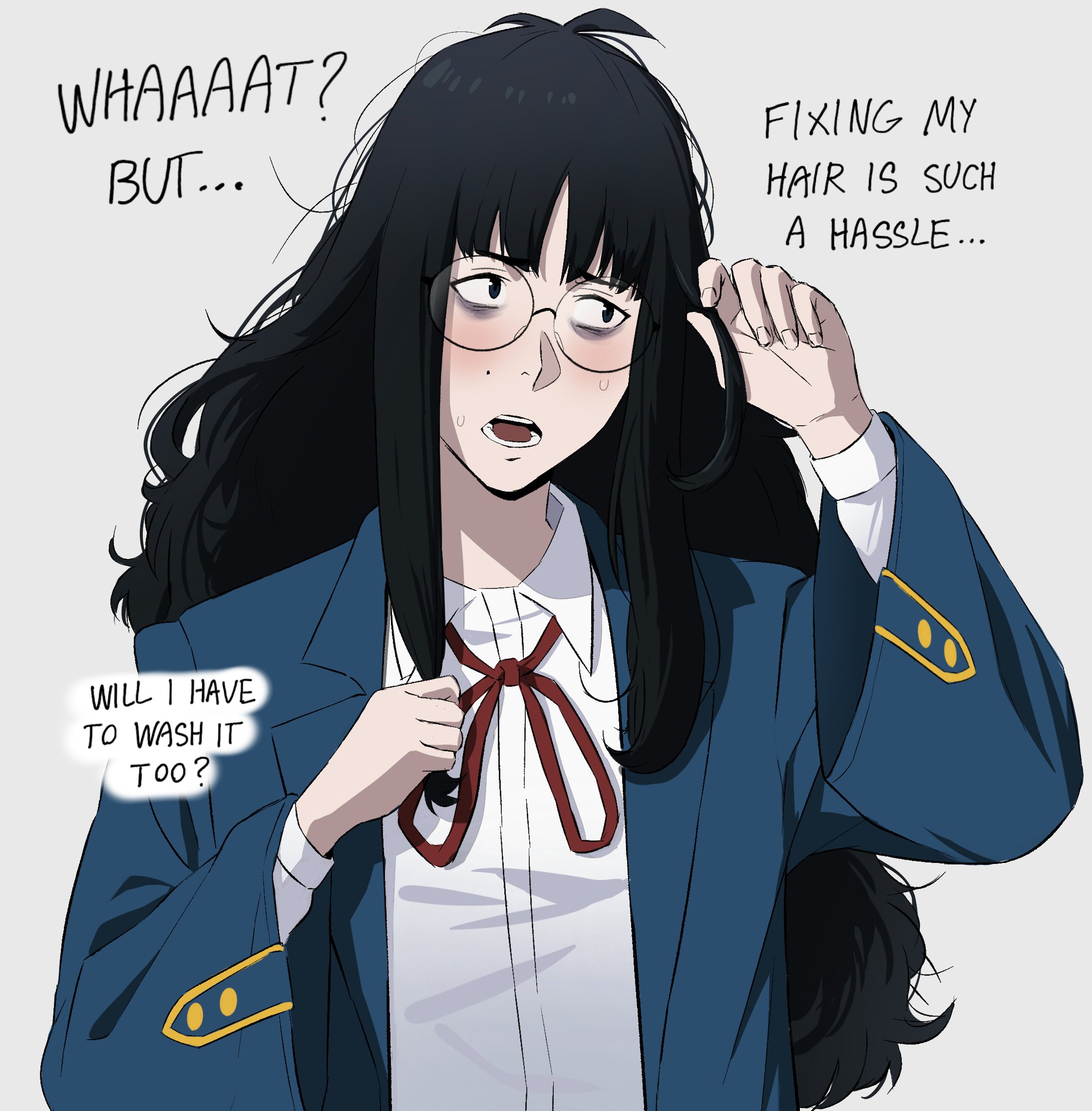 1girl bags_under_eyes black_eyes black_hair collared_shirt commentary english_commentary english_text francisco_mon glasses highres holding holding_own_hair jacket jimiko long_sleeves looking_to_the_side messy_hair mole neck_ribbon open_mouth original ribbon school_uniform shirt solo sweat umi_(francisco_mon) upper_body