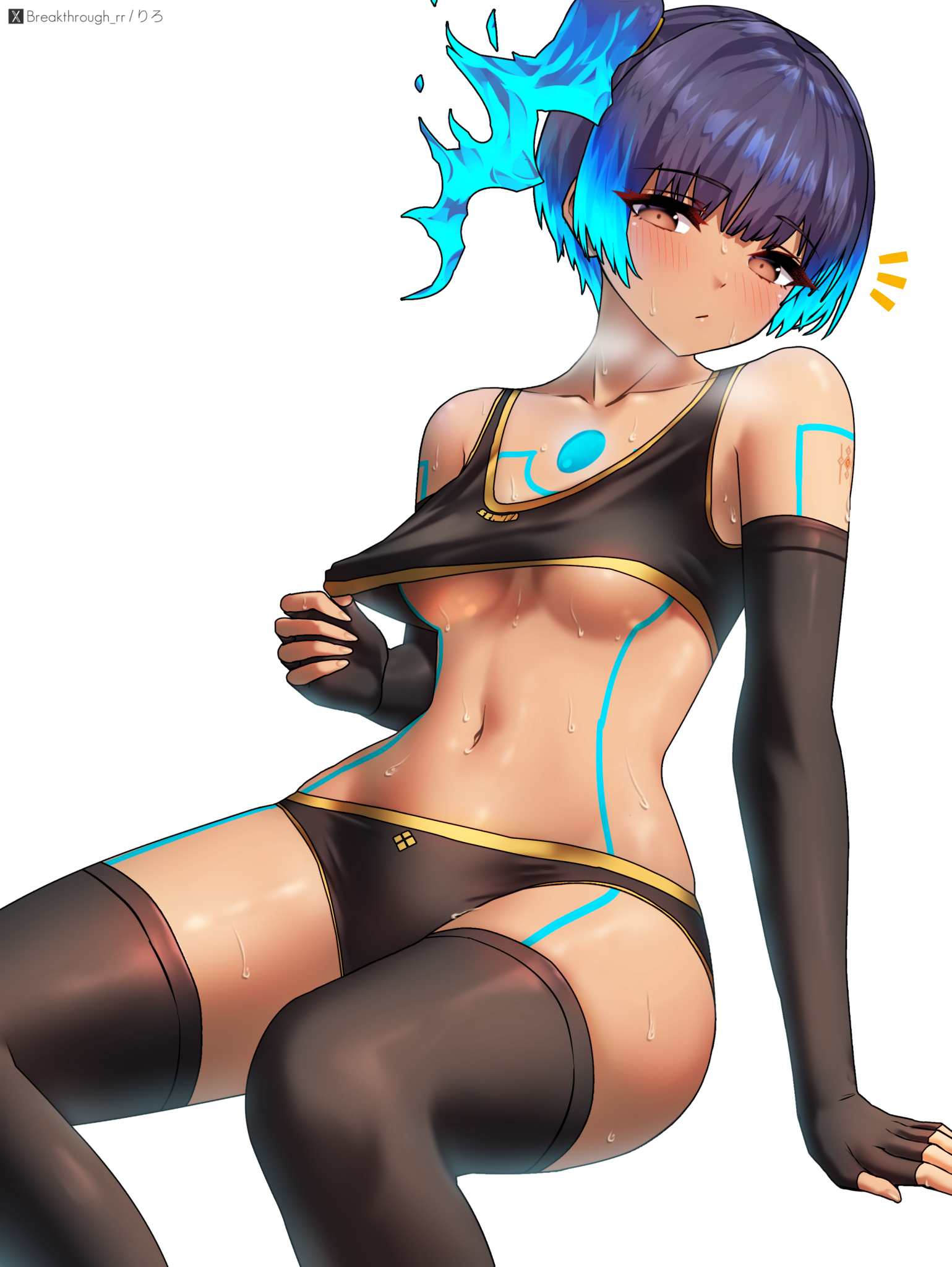 1girl black_sleeves black_sports_bra black_thighhighs blue_hair body_markings breasts brown_eyes closed_mouth collarbone commentary commentary_request english_commentary fiery_hair glowing_lines glowing_markings highres invisible_chair medium_breasts mixed-language_commentary navel notice_lines riro_(breakthrough_rr) sena_(xenoblade) side_ponytail simple_background sitting solo sports_bra sweat thighhighs underboob white_background xenoblade_chronicles_(series) xenoblade_chronicles_3