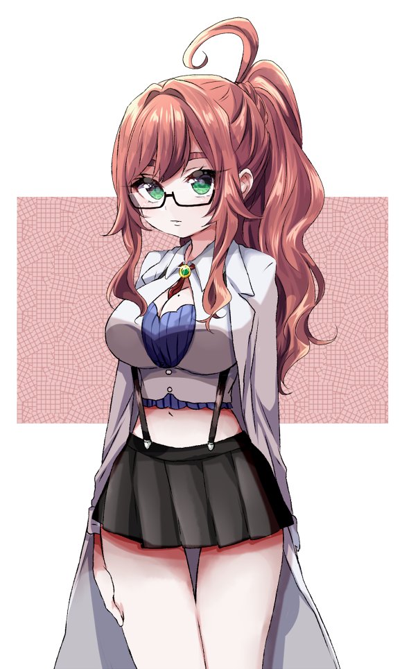 1girl ahoge black-framed_eyewear black_skirt bolo_tie bra breasts brown_hair center_opening cleavage closed_mouth collared_shirt commentary cowboy_shot double-parted_bangs gem glasses green_eyes green_gemstone grid_background hair_between_eyes hair_intakes hand_on_own_thigh kimi_no_koto_ga_dai_dai_dai_dai_daisuki_na_100-nin_no_kanojo lab_coat large_breasts long_hair long_sleeves looking_at_viewer midriff miniskirt mole mole_on_breast navel ohananomitsu_high_school_uniform pink_background pleated_skirt ponytail purple_bra rectangular_eyewear school_uniform shirt sidelocks skirt solo suspender_skirt suspenders thick_eyebrows underwear wavy_hair white_background white_shirt yakuzen_kusuri yakuzen_kusuri_(older) yumenobetsu