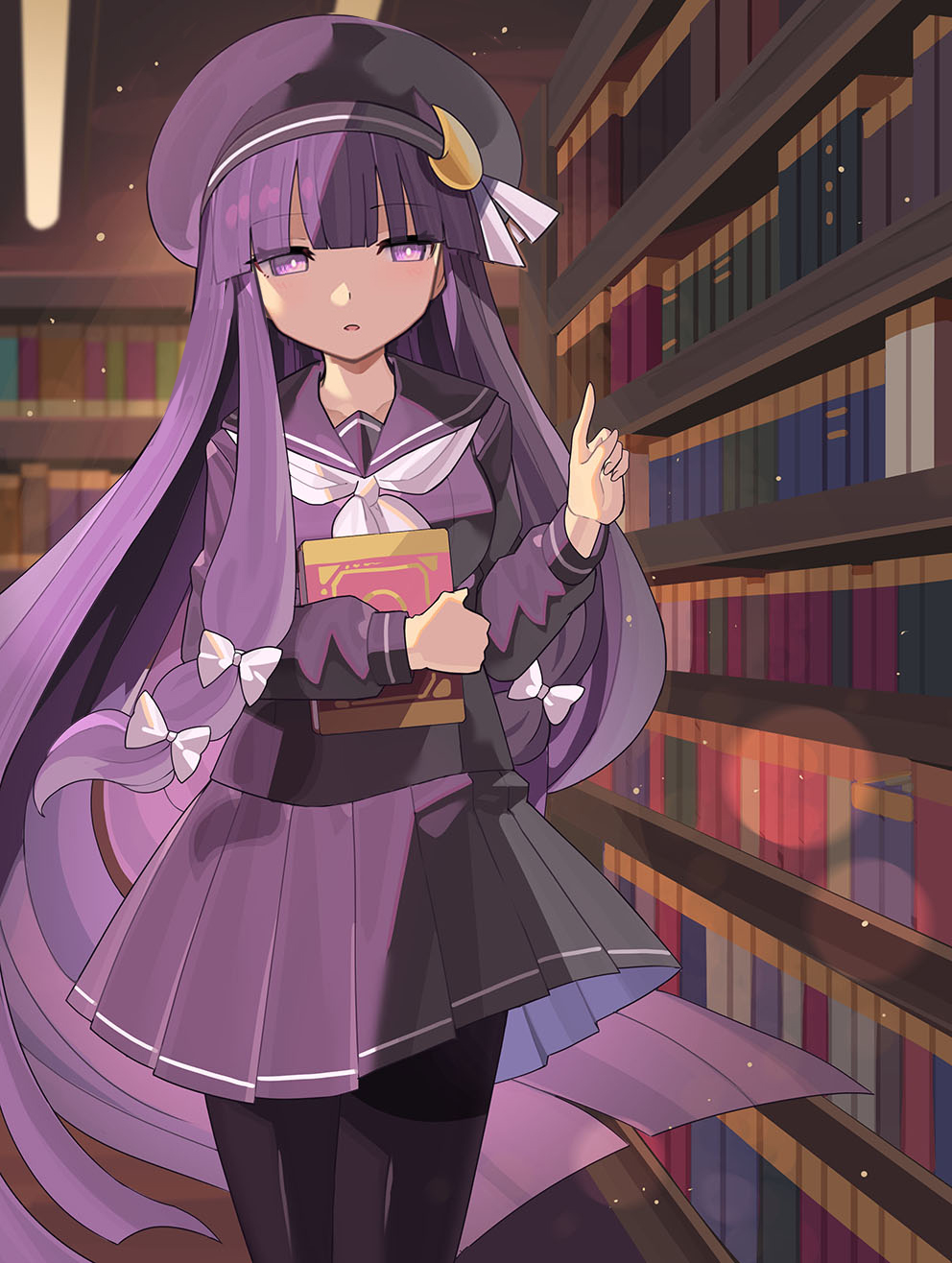 1girl alternate_costume beret black_hat black_pantyhose book commentary falken_(yutozin) hat highres indoors library long_hair neckerchief pantyhose patchouli_knowledge purple_eyes purple_hair purple_shirt purple_skirt revision shirt skirt solo touhou very_long_hair white_neckerchief