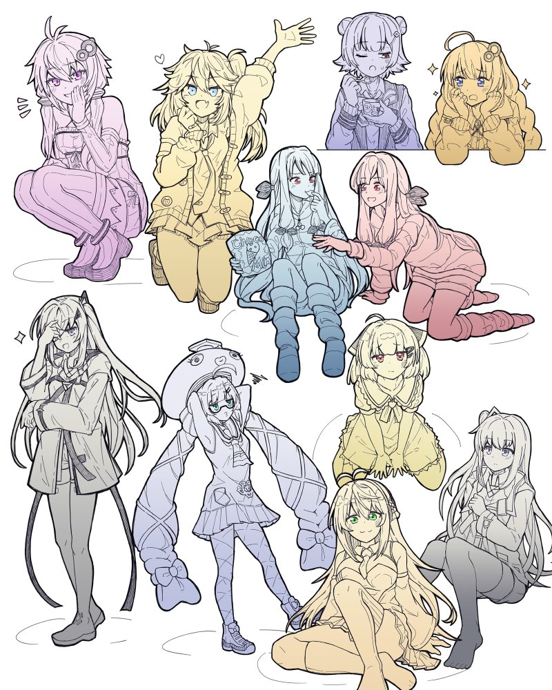 6+girls ahoge arm_up arms_behind_head blue_eyes character_request chuunibyou full_body hair_ornament hand_over_eye hand_up hat heart kizuna_akari kotonoha_akane kotonoha_aoi long_hair multiple_girls open_mouth otomachi_una otomachi_una_(talkex) pandora-ex purple_eyes red_eyes short_hair short_hair_with_long_locks short_shorts shorts sitting standing thighhighs touhoku_kiritan twintails vocaloid voiceroid voicevox wariza yuzuki_yukari