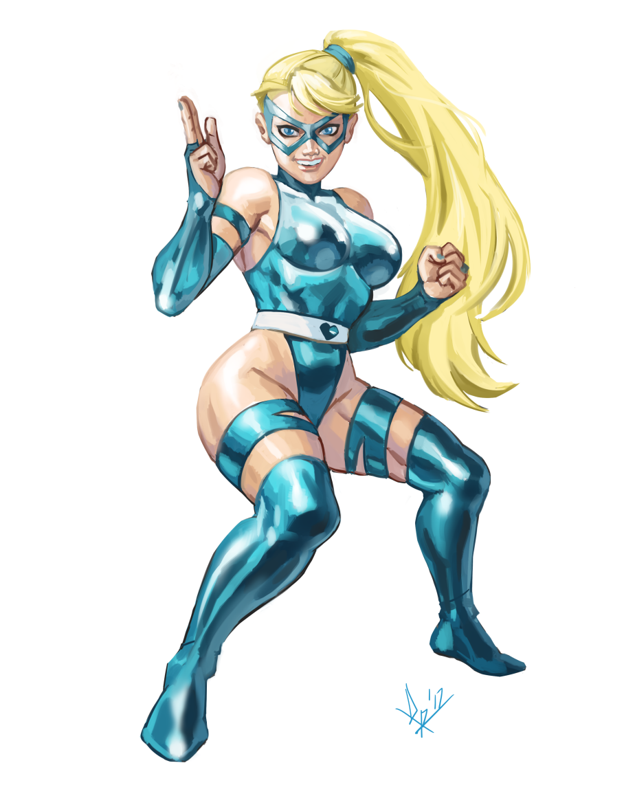 1girl alternate_hairstyle blonde_hair blue_eyes blue_gloves blue_leotard boots breasts bridal_gauntlets clenched_hand cosplay diepod domino_mask elbow_gloves female_focus fighting_stance full_body gloves highleg highleg_leotard large_breasts leotard long_hair marvel mask psylocke psylocke_(cosplay) rainbow_mika salute side_ponytail solo street_fighter thigh_boots thigh_strap thighhighs two-finger_salute very_long_hair white_background x-men