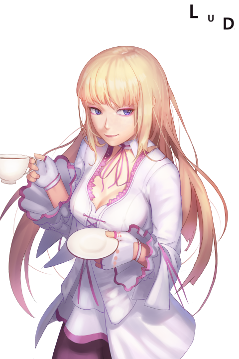 1girl artist_name black_pantyhose blonde_hair blue_eyes breasts cleavage cup dress emilie_de_rochefort eyeliner female_focus fingerless_gloves frilled_sleeves frills gloves lips long_hair lud makeup medium_breasts namco pantyhose saucer solo teacup tekken white_background white_dress white_gloves wide_sleeves