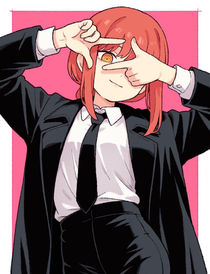 1girl black_necktie black_pants chainsaw_man collared_shirt commentary finger_frame looking_at_viewer makima_(chainsaw_man) necktie onyhakase pants red_hair ringed_eyes shirt smile solo white_shirt