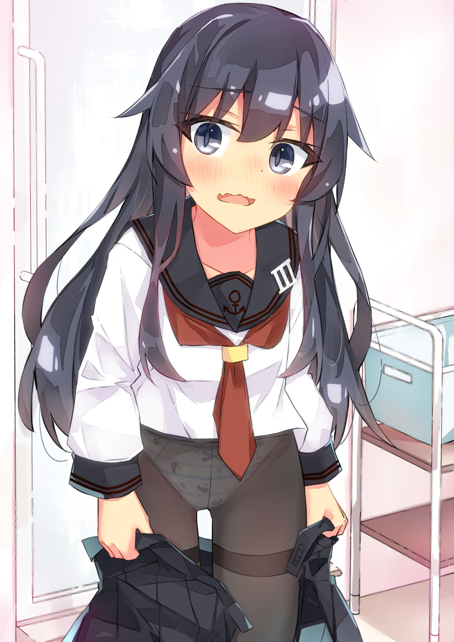 1girl akatsuki_(kancolle) anchor_symbol beritabo black_hair black_sailor_collar black_skirt black_trimmed_panties blush bow bow_panties brown_pantyhose clothes_pull collarbone failure_penguin fang grey_eyes hair_between_eyes highres indoors kantai_collection long_hair long_sleeves looking_at_viewer miss_cloud neckerchief nose_blush open_mouth panties panties_under_pantyhose pantyhose pleated_skirt print_panties puffy_long_sleeves puffy_sleeves red_neckerchief sailor_collar school_uniform serafuku shirt skirt skirt_pull solo standing striped_clothes striped_panties thighband_pantyhose trimmed_panties underwear very_long_hair wavy_mouth white_panties white_shirt