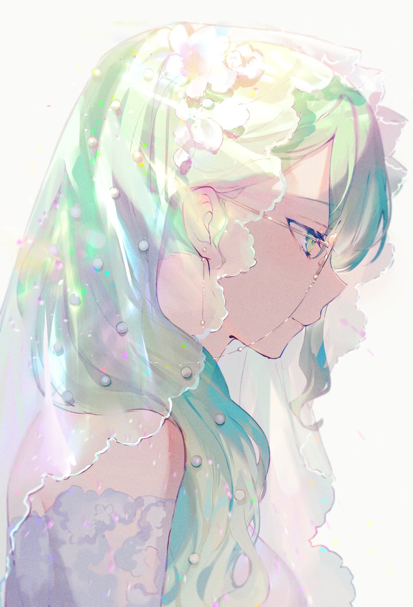 1girl achiki aqua_eyes aqua_hair bare_shoulders bridal_veil character_request closed_mouth copyright_request dress expressionless eyewear_strap flower from_side hair_flower hair_ornament highres jitome long_hair nose profile round_eyewear solo upper_body veil wedding_dress white_background white_dress white_flower