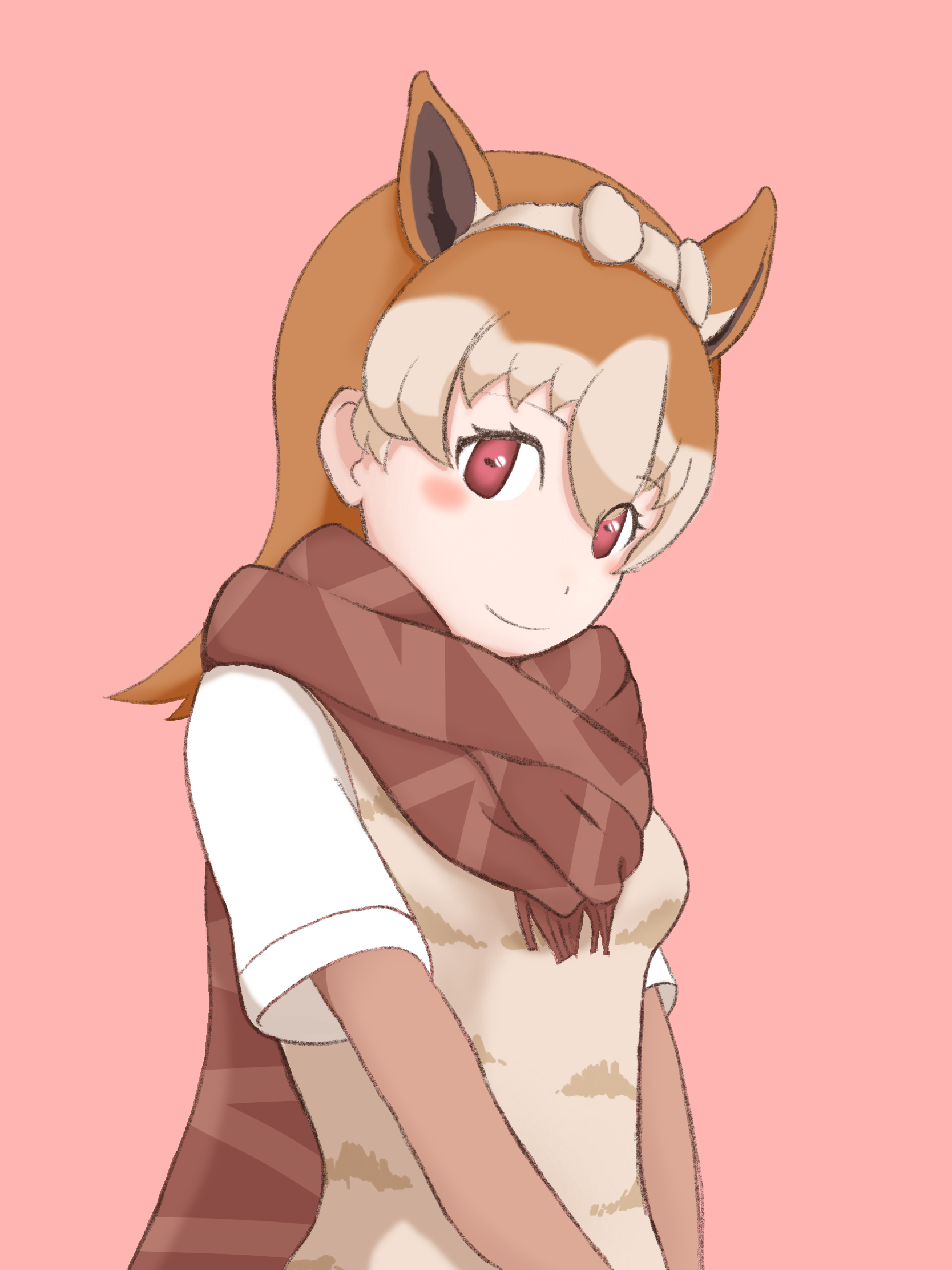 1girl animal_ears beige_sweater_vest blush bow brown_hair brown_neckwear brown_scarf hair_bow hairband highres kemono_friends pink_background red_eyes scarf shirt smile solo sweater_vest user_ugmw7344 vicugna_(kemono_friends) white_shirt
