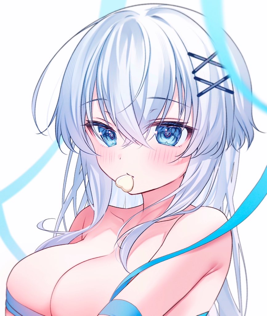 1girl blue_eyes blue_ribbon blurry blurry_foreground blush breasts cleavage closed_mouth collarbone commentary_request depth_of_field gyozanuko hair_between_eyes hair_ornament hairclip heart heart-shaped_pupils large_breasts long_hair looking_at_viewer mouth_hold naked_ribbon original partial_commentary ribbon simple_background solo symbol-shaped_pupils upper_body white_background white_hair x_hair_ornament