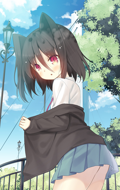 1girl black_cardigan black_hair blue_skirt blush cardigan cloud commentary_request cowboy_shot day female_focus fence from_side hair_between_eyes hair_intakes koi_to_senkyo_to_chocolate lamppost long_hair looking_at_viewer looking_to_the_side morishita_michiru off_shoulder open_cardigan open_clothes outdoors pleated_skirt red_eyes school_uniform shirt skirt sky slit_pupils solo standing tree white_shirt yuizaki_kazuya